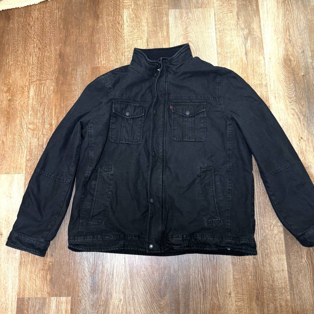 Levi's Field Jacket Mens 2XL Black Quilted Lined Flap Pockets Snap Inside Zip